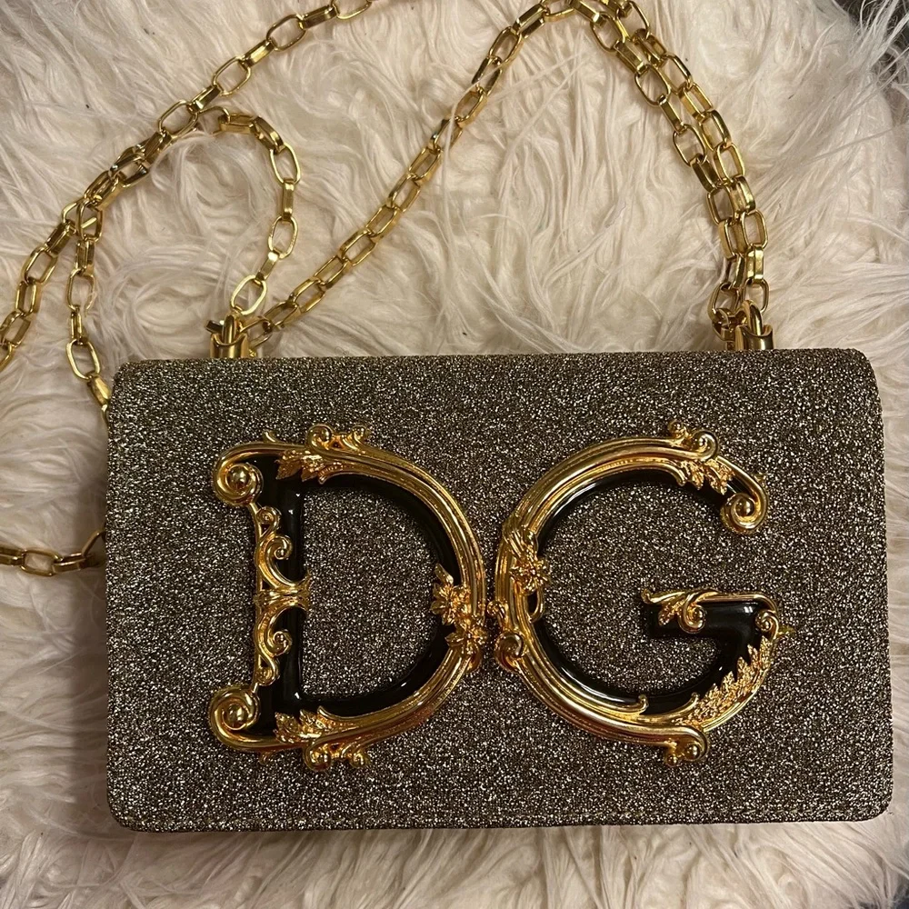 Dolce & Gabbana Gold Glitter DG Logo Crossbody Bag